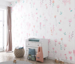 Tapet Personalizat Inspiratie Scandinava pentru Copii cu pattern de flori, pasari si vulpi roz pe fundal alb - LITTLE PINK FOXES