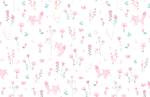 Tapet Personalizat Inspiratie Scandinava pentru Copii cu pattern de flori, pasari si vulpi roz pe fundal alb - LITTLE PINK FOXES
