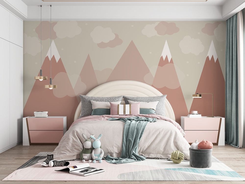 Tapet Personalizat Inspiratie Scandinava pentru Copii cu munti inalti cu zapada in nuante de teracota - PASTEL TERRACOTTA MOUNTAINS