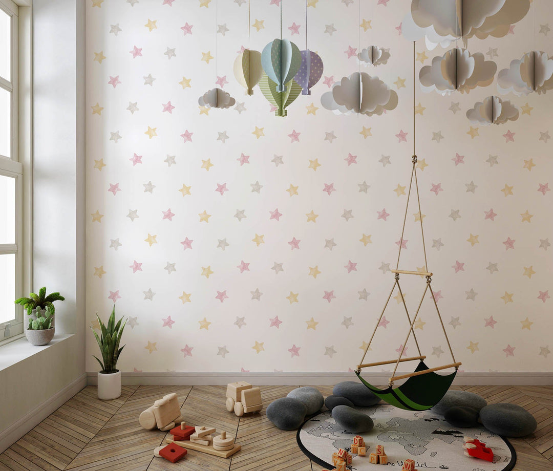Tapet Personalizat Inspiratie Scandinava pentru Copii cu pattern de stelute gri, aurii si roz pe fundal alb - CRAYON STAR PATTERN