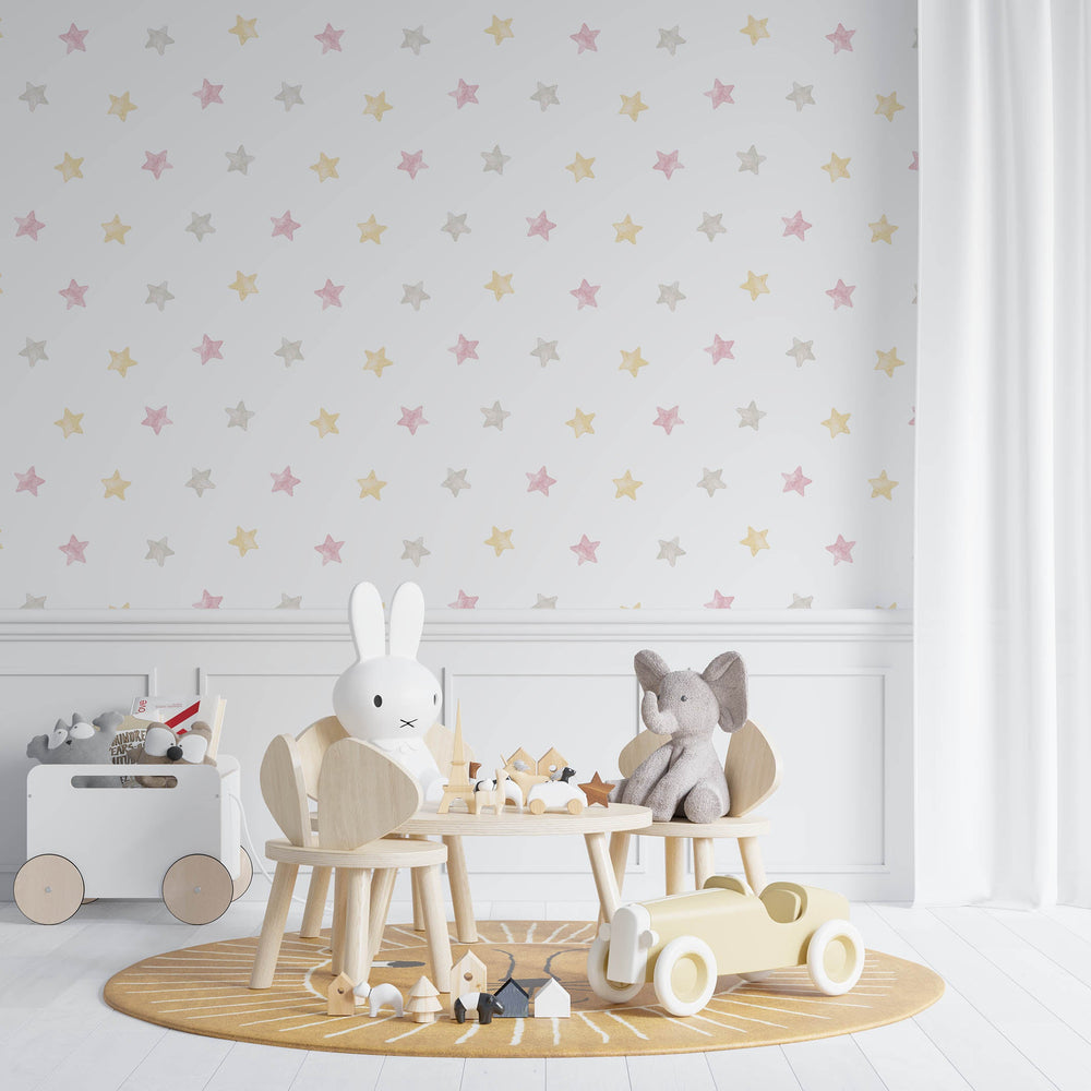 Tapet Personalizat Inspiratie Scandinava pentru Copii cu pattern de stelute gri, aurii si roz pe fundal alb - CRAYON STAR PATTERN