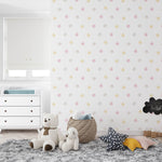 Tapet Personalizat Inspiratie Scandinava pentru Copii cu pattern de stelute gri, aurii si roz pe fundal alb - CRAYON STAR PATTERN