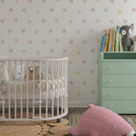 Tapet Personalizat Inspiratie Scandinava pentru Copii cu pattern de stelute gri, aurii si roz pe fundal alb - CRAYON STAR PATTERN