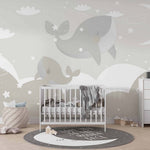 Tapet Personalizat Inspiratie Scandinava pentru Copii cu balene in nuante de grej - GREJ BABY WHALES