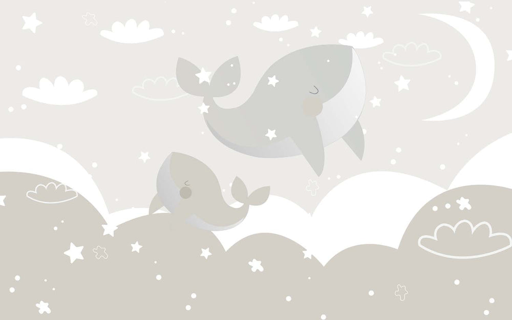 Tapet Personalizat Inspiratie Scandinava pentru Copii cu balene in nuante de grej - GREJ BABY WHALES