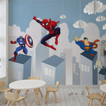 Tapet Personalizat Supereroi pentru copii cu supereroi din universul Marvel si DC zburand peste cladiri - MARVEL VS DC