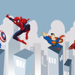 Tapet Personalizat Supereroi pentru copii cu supereroi din universul Marvel si DC zburand peste cladiri - MARVEL VS DC