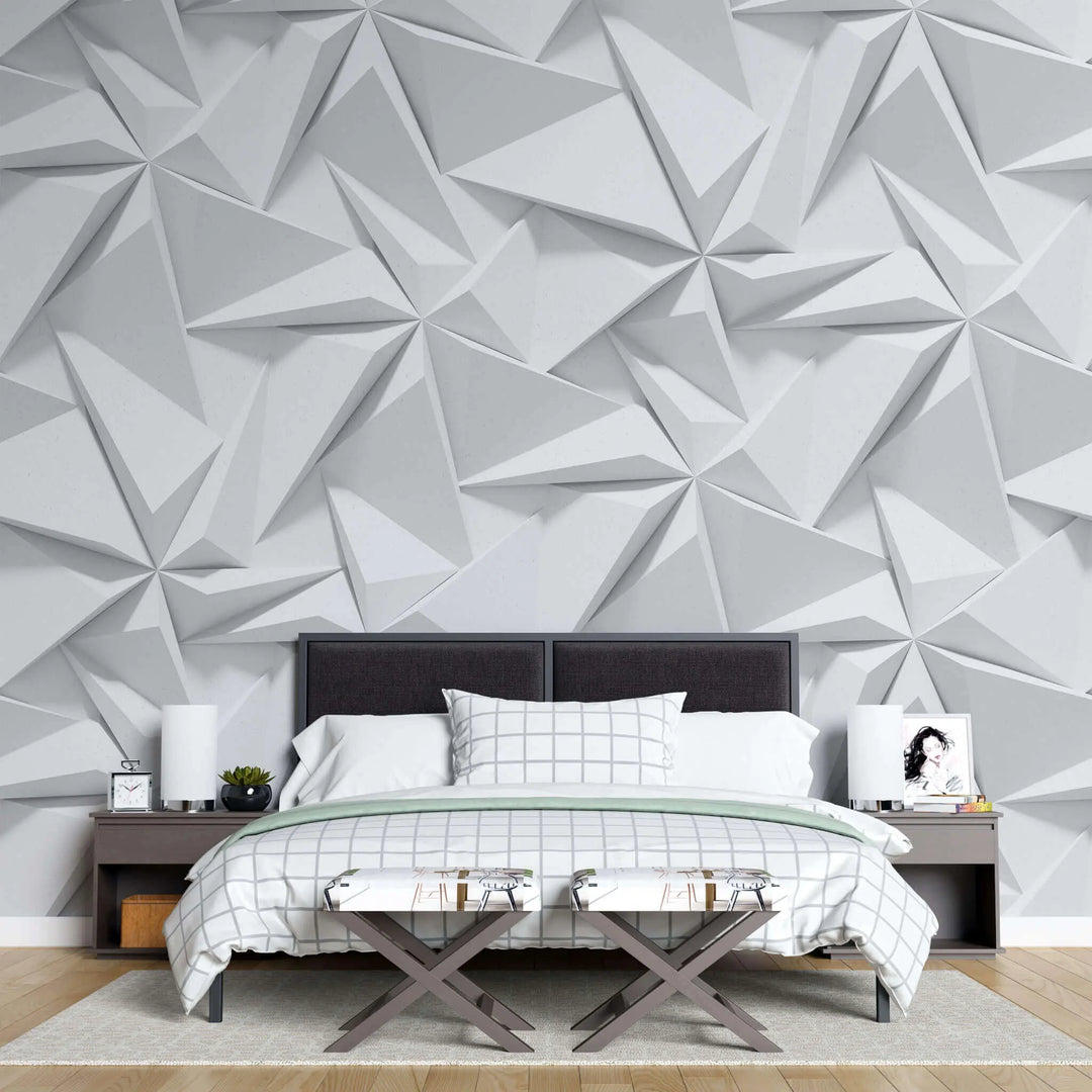 Tapet personalizat 3d cu forme geometrice triunghiulare albe in relief bedsheets