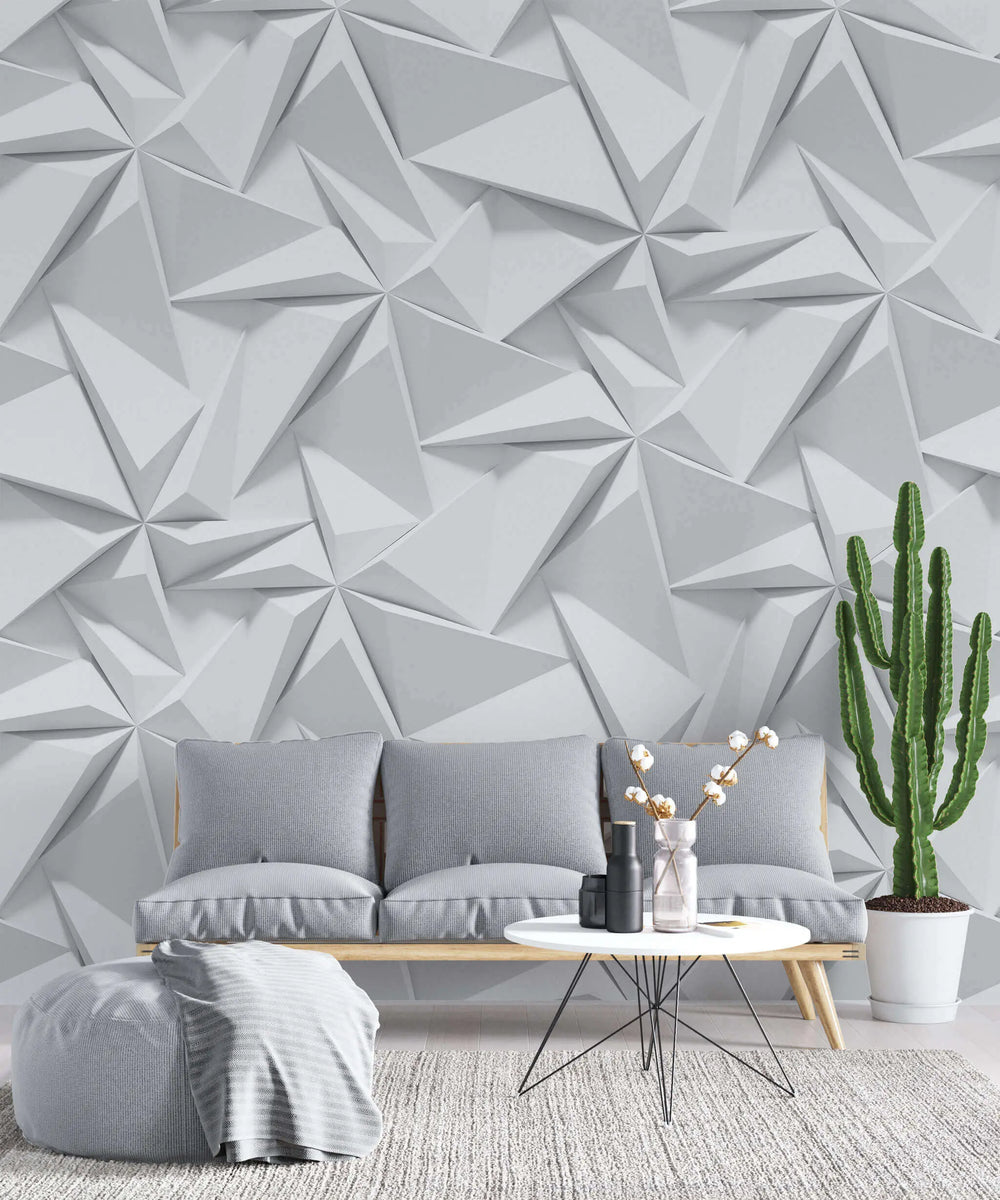 Tapet personalizat 3d cu forme geometrice triunghiulare albe in relief bedsheets
