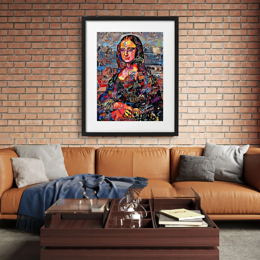Tablou cu rama ce prezinta o interpretare colorata a celebrului Tablou mona lisa de leonardo da vinci mona lisa