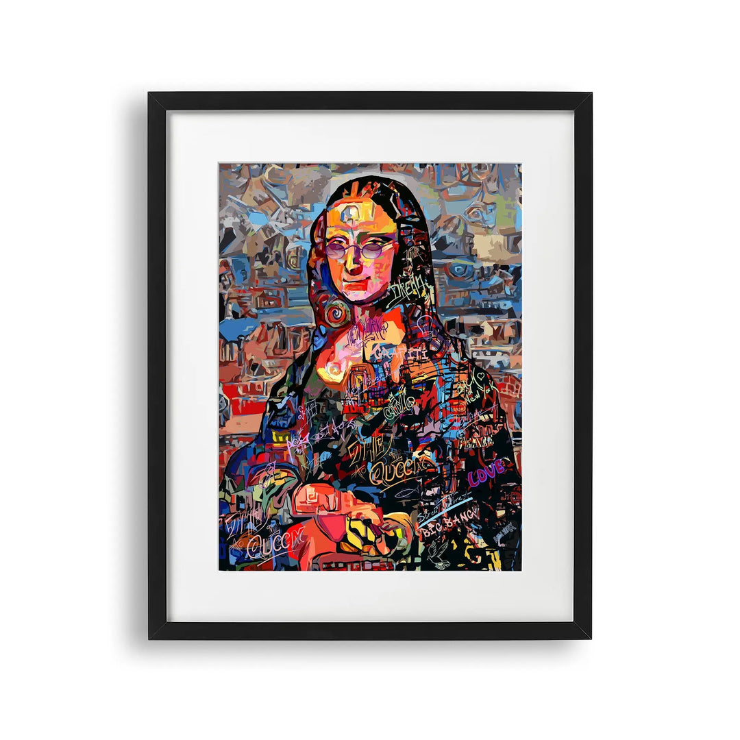 Tablou cu rama ce prezinta o interpretare colorata a celebrului Tablou mona lisa de leonardo da vinci mona lisa