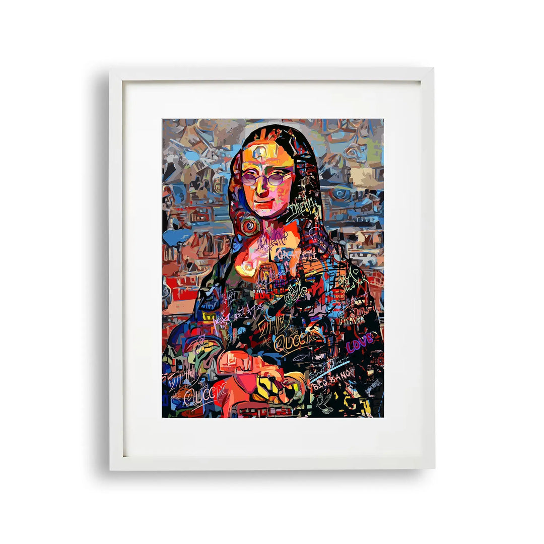 Tablou cu rama ce prezinta o interpretare colorata a celebrului Tablou mona lisa de leonardo da vinci mona lisa