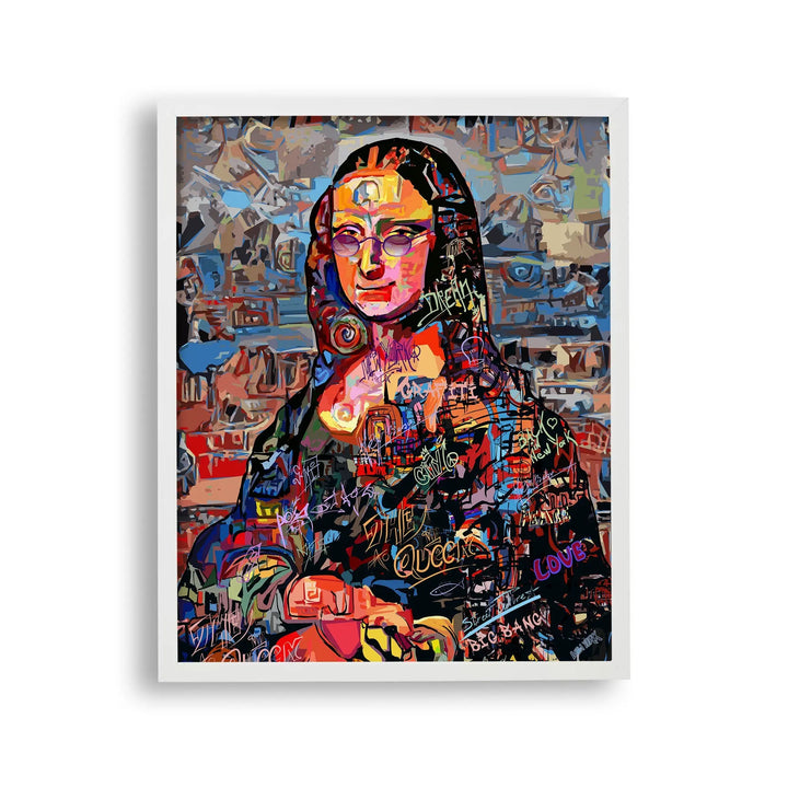 Tablou cu rama ce prezinta o interpretare colorata a celebrului Tablou mona lisa de leonardo da vinci mona lisa