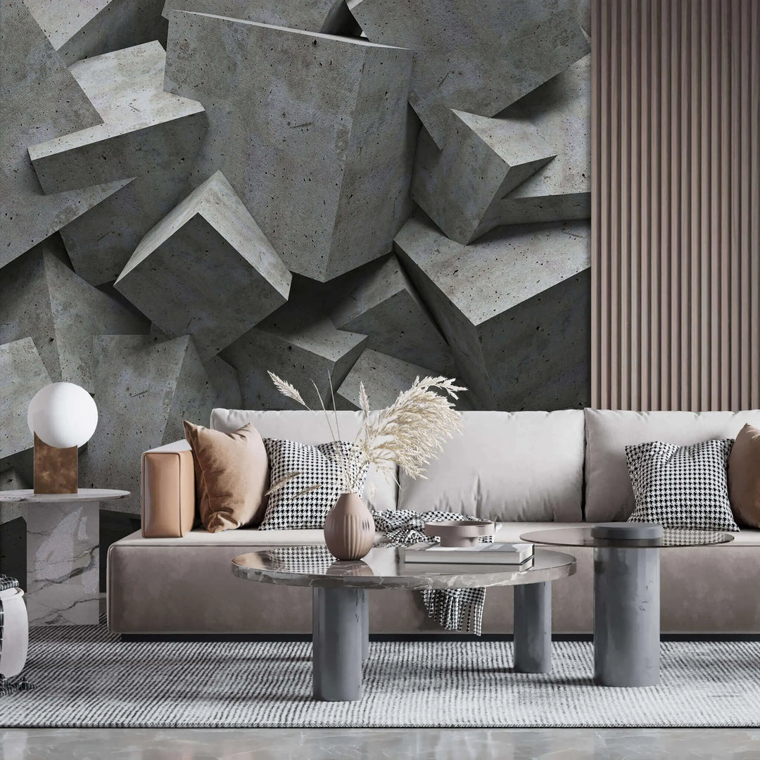 Tapet personalizat 3d cu blocuri de ciment imbinate asimetric concrete blocks dark