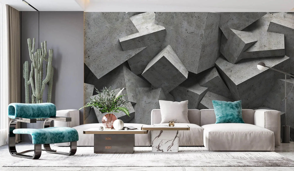 Tapet personalizat 3d cu blocuri de ciment imbinate asimetric concrete blocks dark