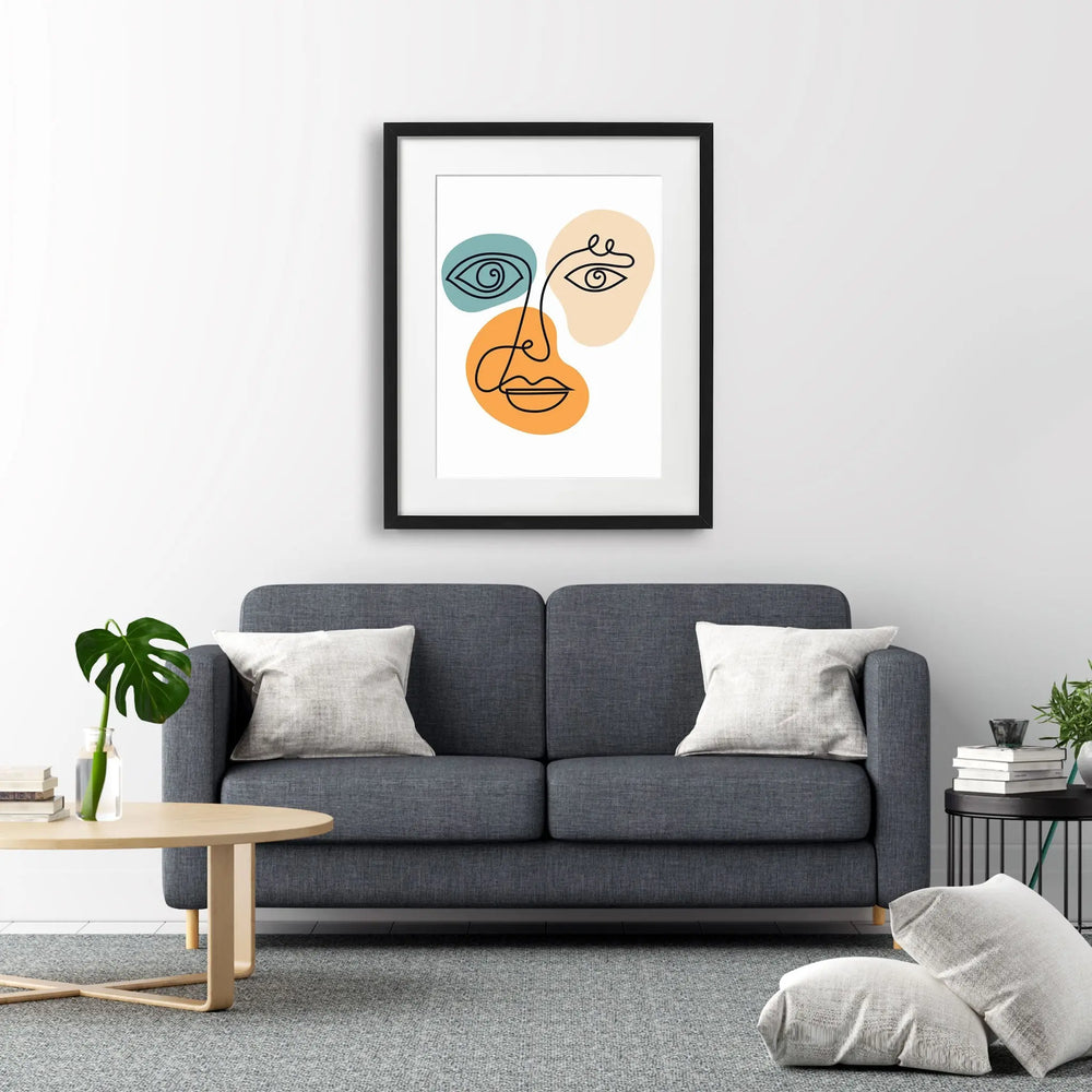 Tablou cu rama ce prezinta un portret al unei fete de femeie in stil cubist cu accent pe silueta si forme geometrice texturate care evoca minimalismul minimalistic female