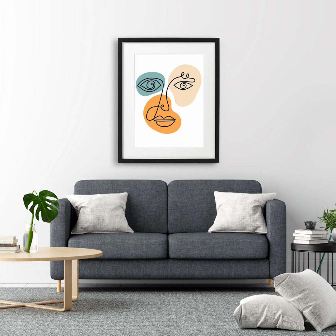 Tablou cu rama ce prezinta un portret al unei fete de femeie in stil cubist cu accent pe silueta si forme geometrice texturate care evoca minimalismul minimalistic female