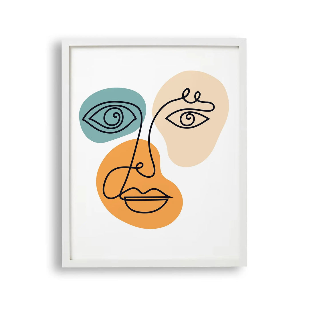 Tablou cu rama ce prezinta un portret al unei fete de femeie in stil cubist cu accent pe silueta si forme geometrice texturate care evoca minimalismul minimalistic female