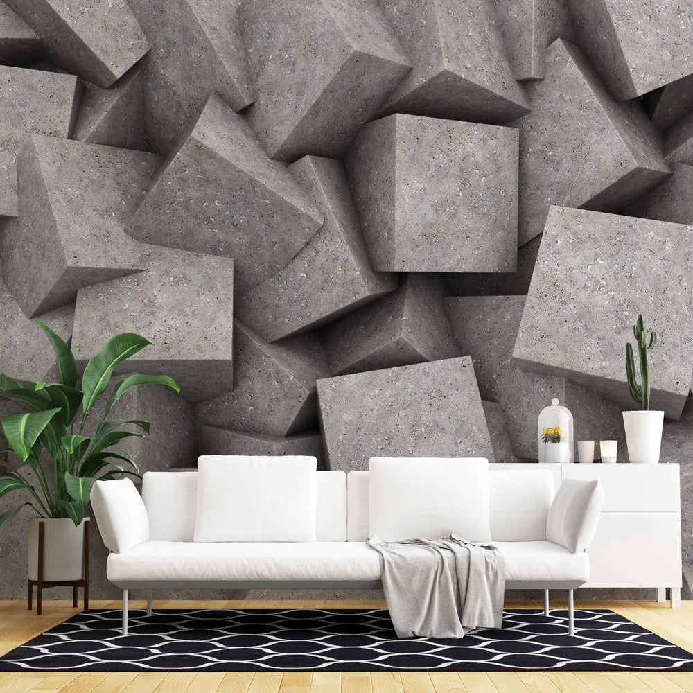 Tapet personalizat 3d cu blocuri de granit imbinate asimetric in nuante de maronii concrete blocks granit