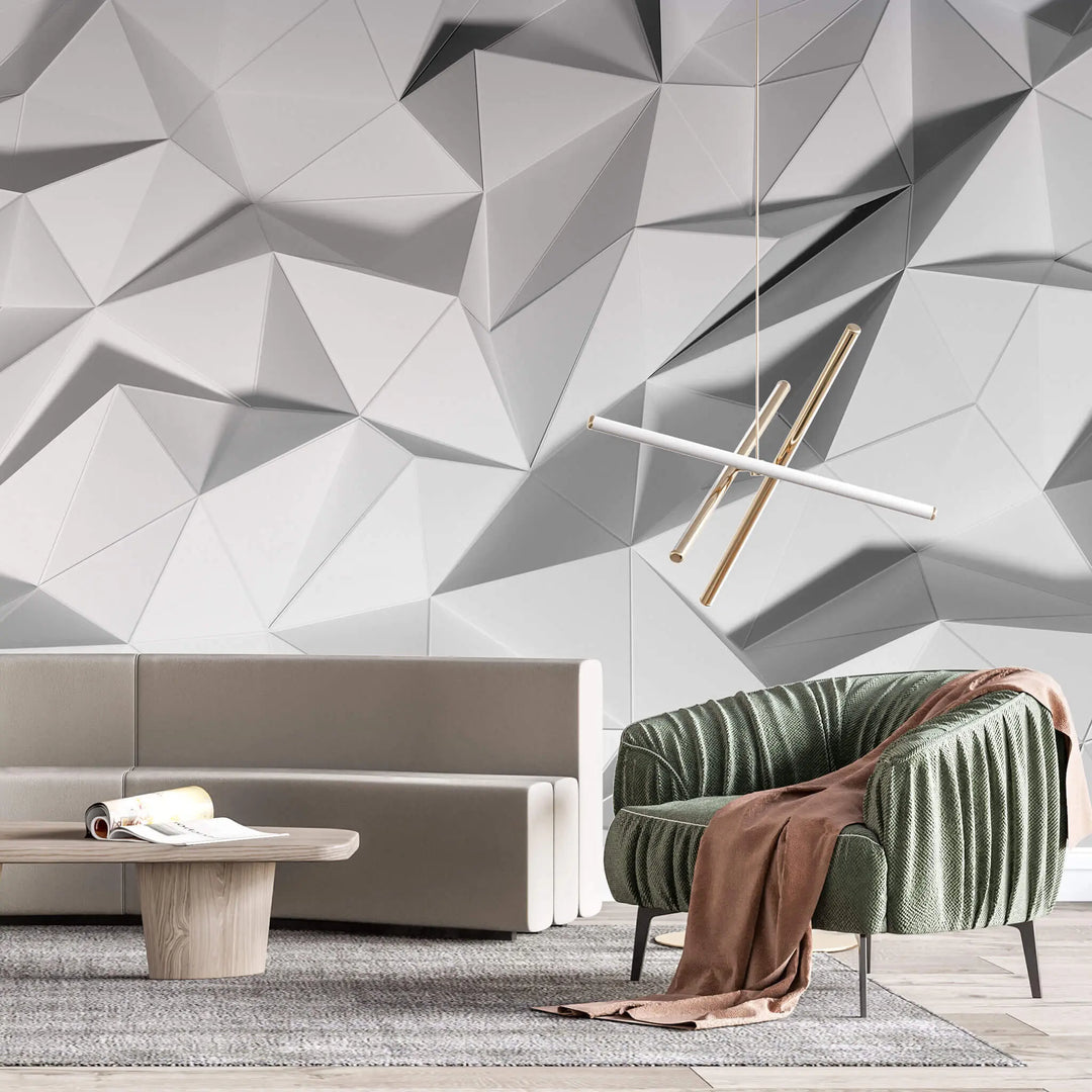 Tapet personalizat 3d cu forme fine geometrice triunghiulare albe in relief 3d white geometrics