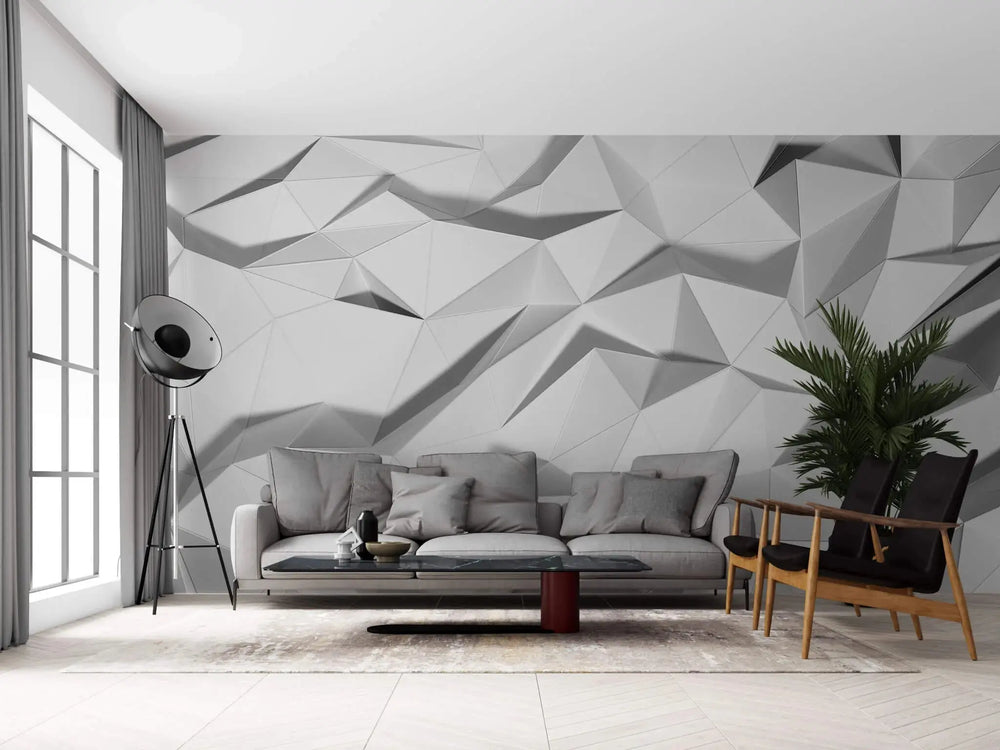 Tapet personalizat 3d cu forme fine geometrice triunghiulare albe in relief 3d white geometrics