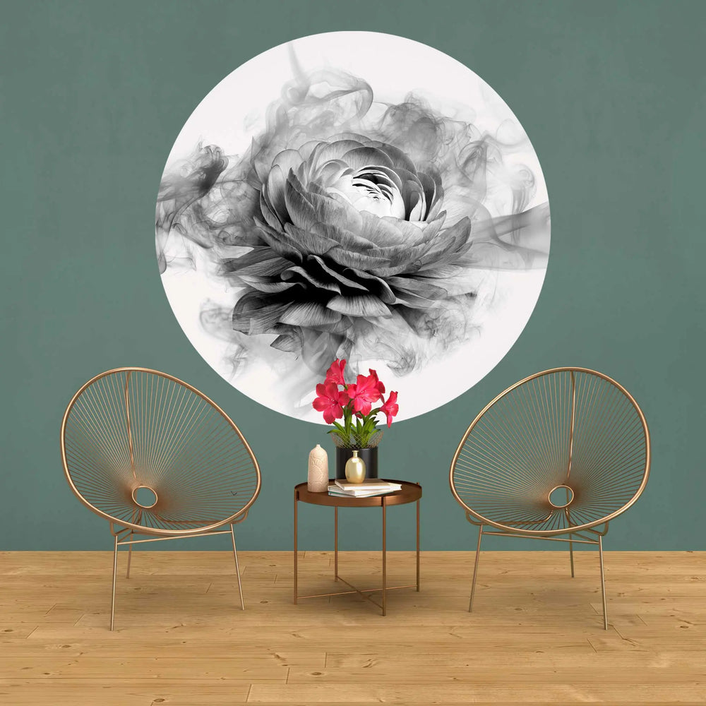 Sticker perete rotund floral cu bujor in alb negru fumuriu smokey peony