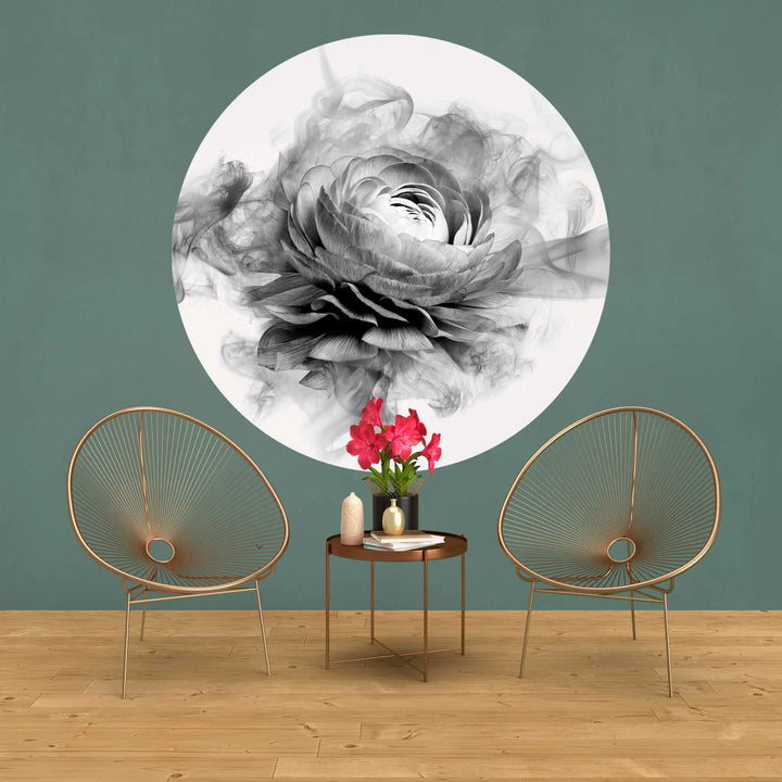 Sticker perete rotund floral cu bujor in alb negru fumuriu smokey peony