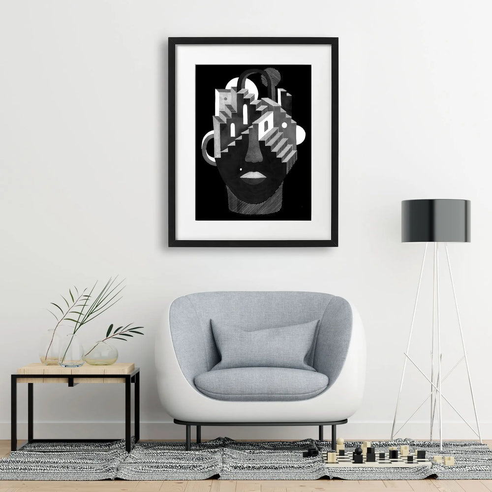Tablou cu rama ce ilustreaza un portret neobisnuit cu detalii arhitecturale pe cap o ilustratie raster suprarealista elegant illusion