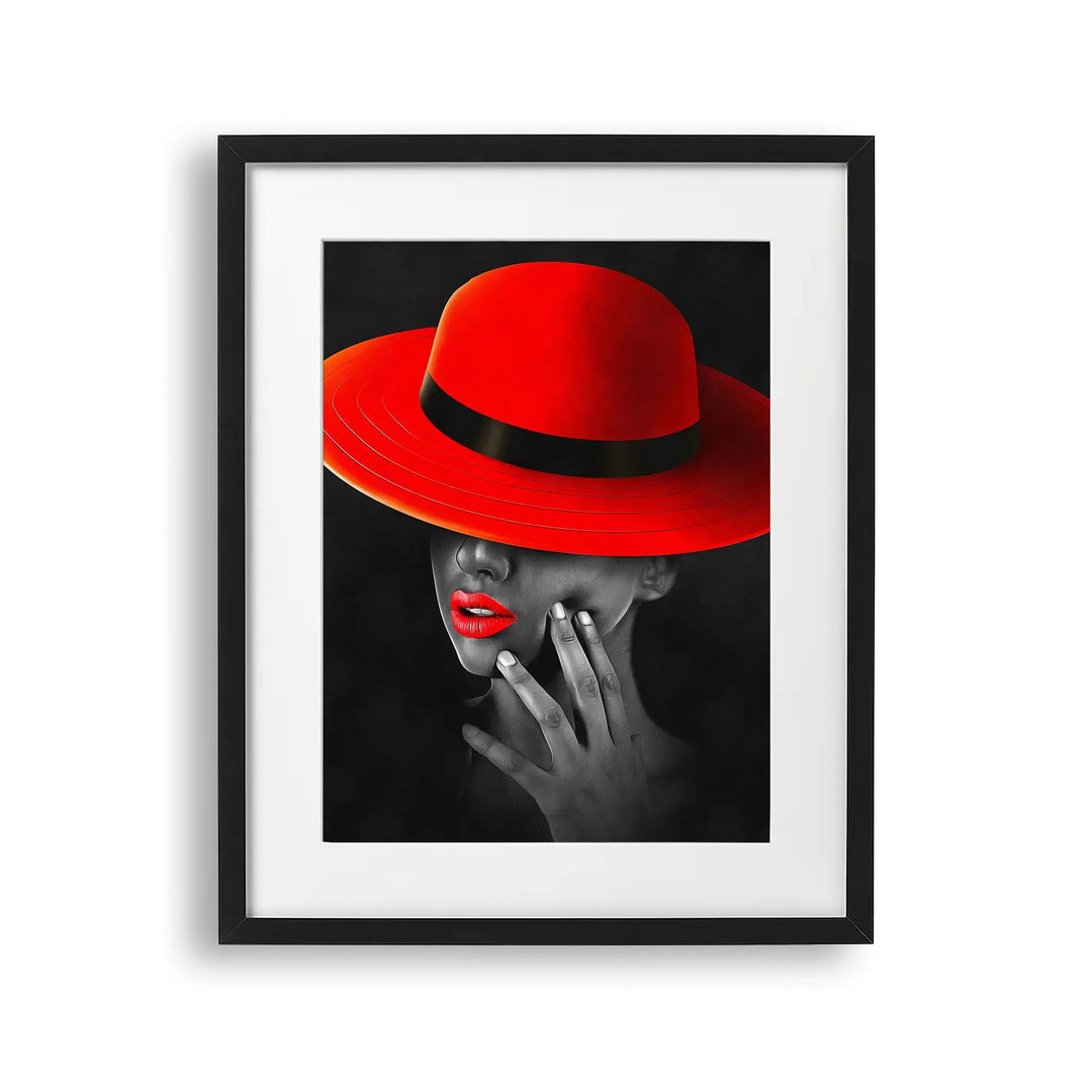 Tablou cu rama care ilustreaza o imagine alb negru moderna a unei fete frumoase purtand o palarie rosie red hat beauty