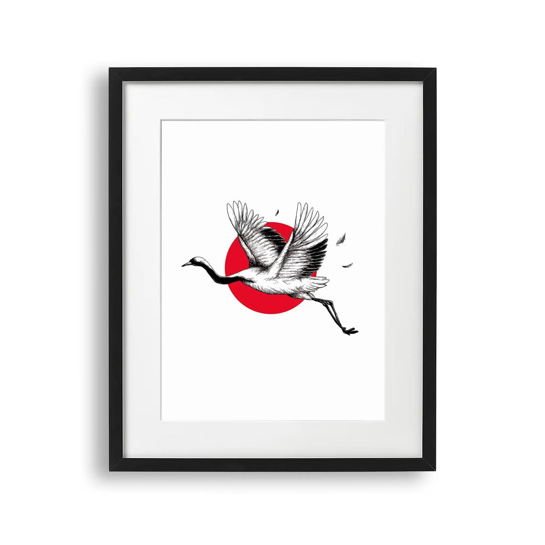 Tablou cu rama cate ilustreaza un cocor japonez in zbor red crowned cranes