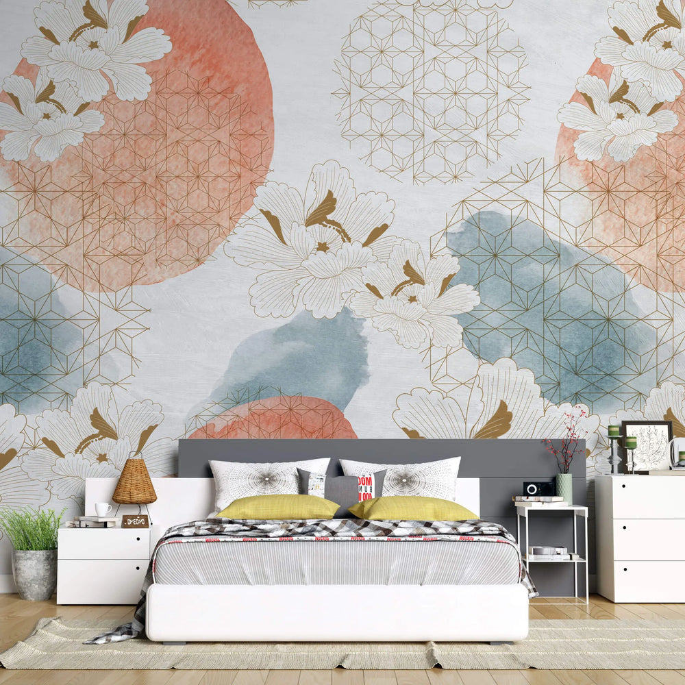 Tapet personalizat watercolor cu selectie de flori albe si forme geometrice aramii floral watercolor