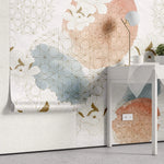 Tapet personalizat watercolor cu selectie de flori albe si forme geometrice aramii floral watercolor