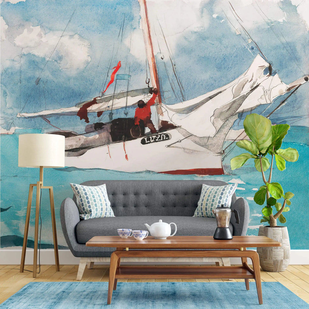 Tapet personalizat watercolor cu barci albe lizzie boat