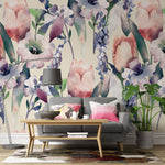 Tapet personalizat watercolor cu lalele si irisi colorati in stil de pictura tulips & irises