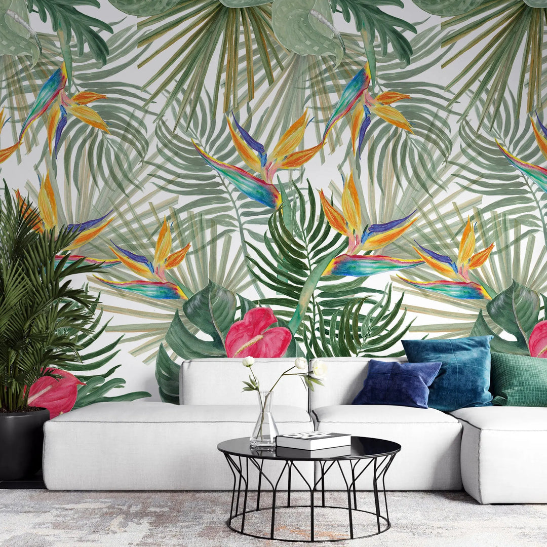 Tapet personalizat watercolor cu pasarea paradisului si plante verzi watercolor bird of paradise 