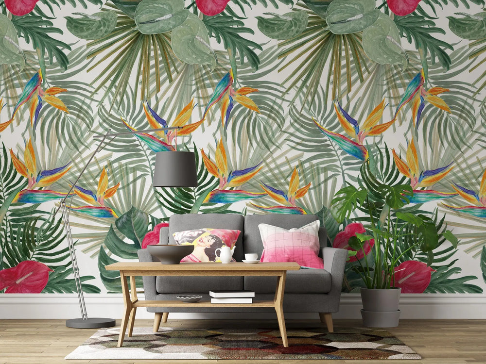 Tapet personalizat watercolor cu pasarea paradisului si plante verzi watercolor bird of paradise 