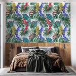Tapet personalizat watercolor cu plante verzi si papagali colorful parrots 