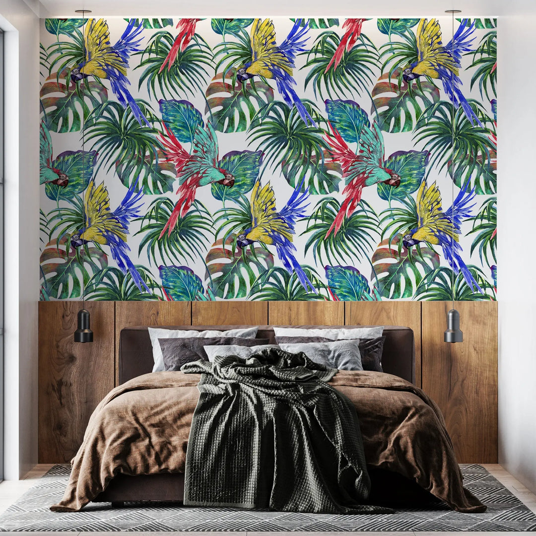 Tapet personalizat watercolor cu plante verzi si papagali colorful parrots 