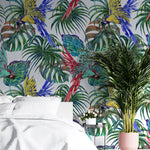 Tapet personalizat watercolor cu plante verzi si papagali colorful parrots 