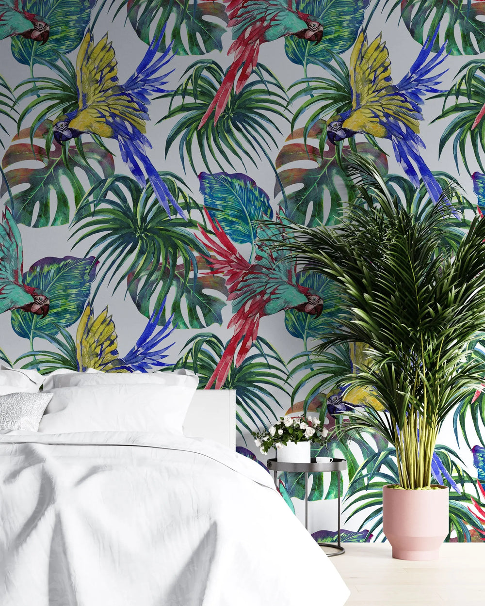 Tapet personalizat watercolor cu plante verzi si papagali colorful parrots 