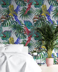 Tapet personalizat watercolor cu plante verzi si papagali colorful parrots 