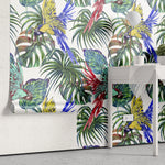 Tapet personalizat watercolor cu plante verzi si papagali colorful parrots 