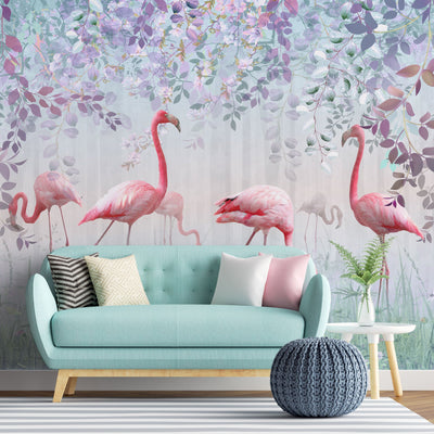 fototapet-personalizat-watercolor-cu-pasari-flamingo-si-flori-cu-petale-mov-fairy-flamingos