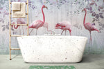 Tapet personalizat watercolor cu pasari flamingo si flori cu petale mov fairy flamingos