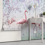 Tapet personalizat watercolor cu pasari flamingo si flori cu petale mov fairy flamingos