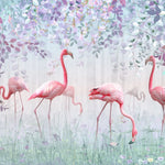 Tapet personalizat watercolor cu pasari flamingo si flori cu petale mov fairy flamingos