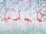 Tapet personalizat watercolor cu pasari flamingo si flori cu petale mov fairy flamingos