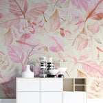 Tapet personalizat watercolor cu frunze roz pe fundal deschis pink leaves