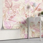 Tapet personalizat watercolor cu frunze roz pe fundal deschis pink leaves