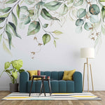 Tapet personalizat watercolor cu frunze verzi cu detalii aurii pe fundal alb aesthetic leaves glitter details